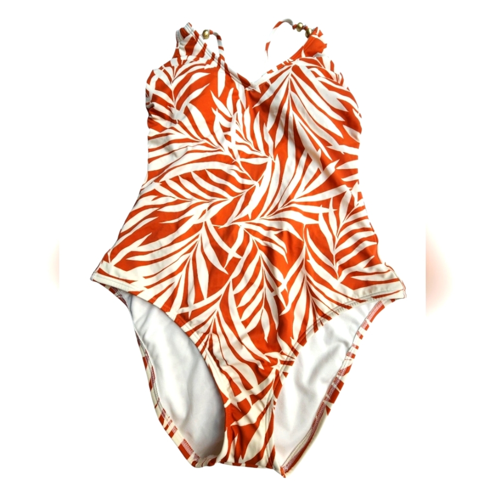 SHADE & SHORE NWT Orange and White Leaf Print One Piece Swimsuit. L (12-14)
